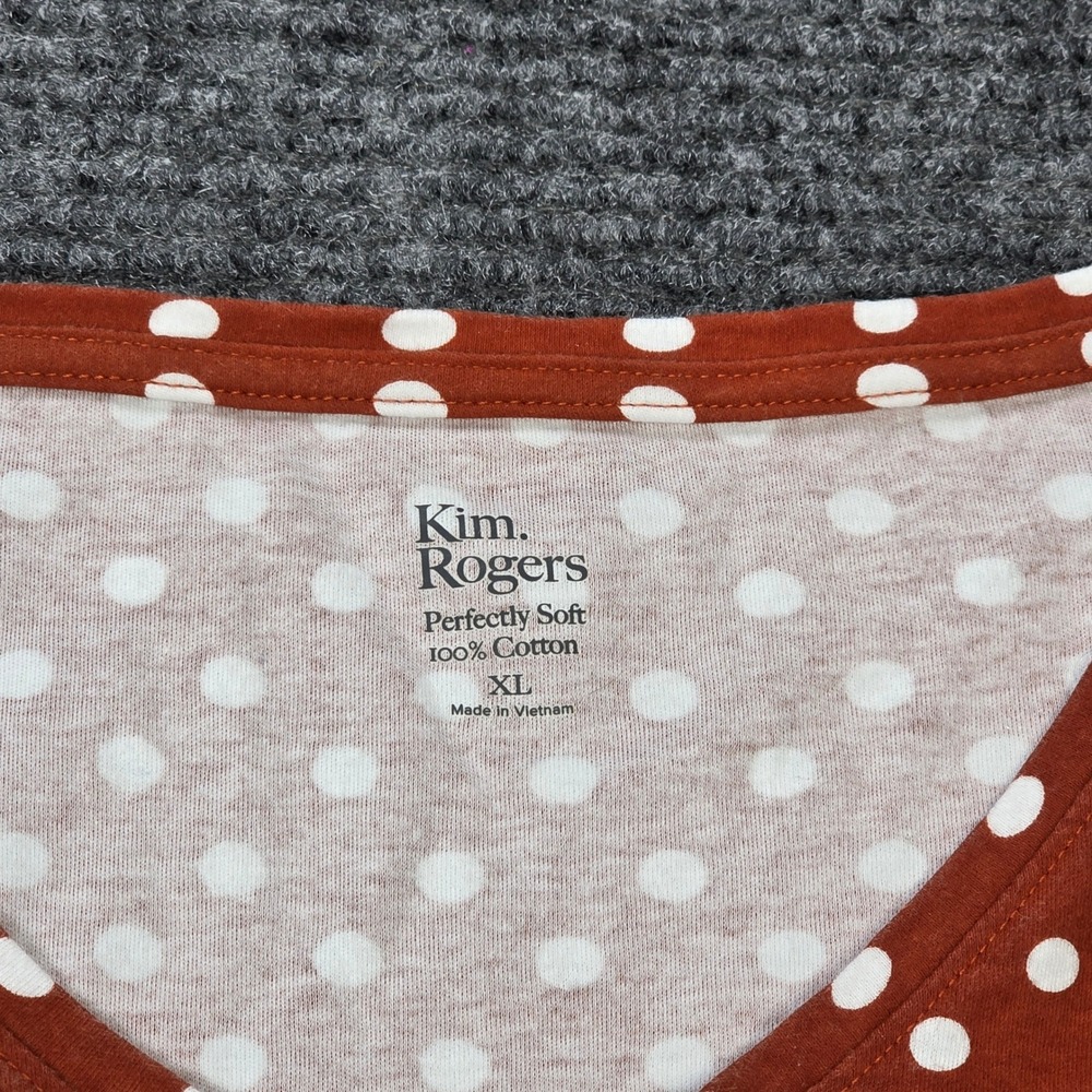 Kim Rogers Polka Dot V-Neck Top Women's Size XL Rust Orange 3/4 Sleeve Cotton - Picture 3 of 7
